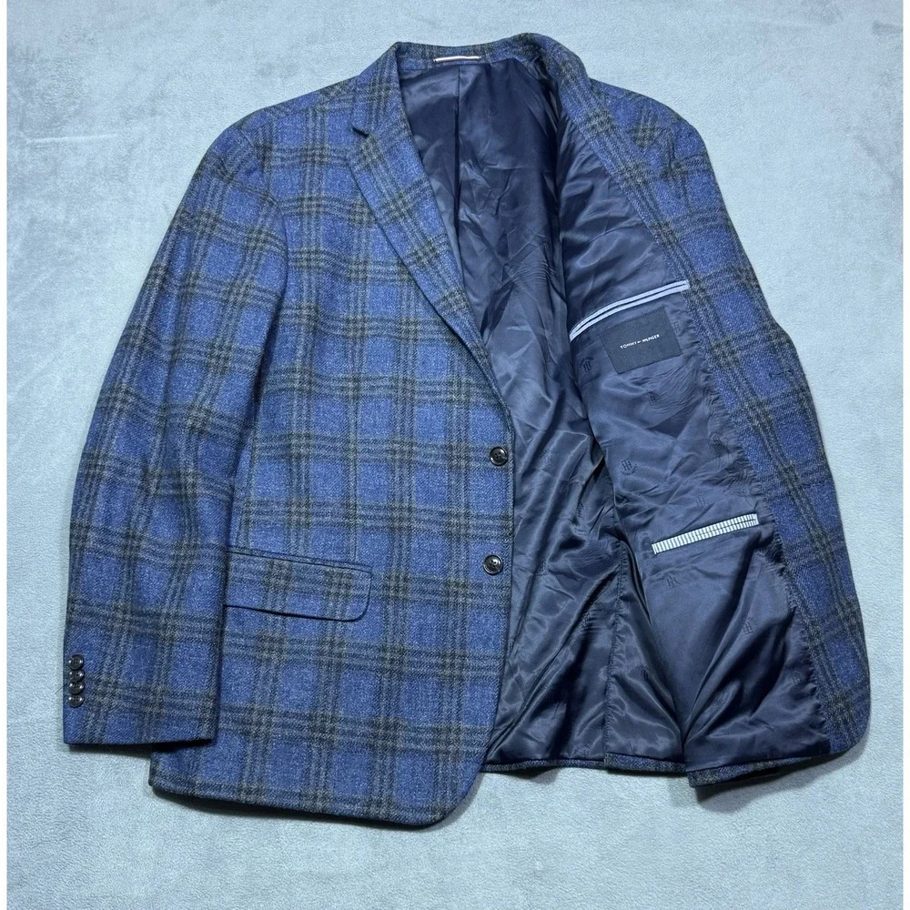 Tommy Hilfiger Blazer Mens 48R Blue Windowpane Plaid Wool Blend Sport Coat Dad